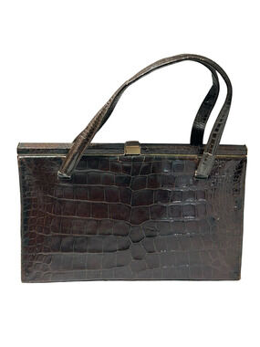 Vtg 1950s 60s Lucille De Paris Black Alligator Handbag Purse Double Handles USA